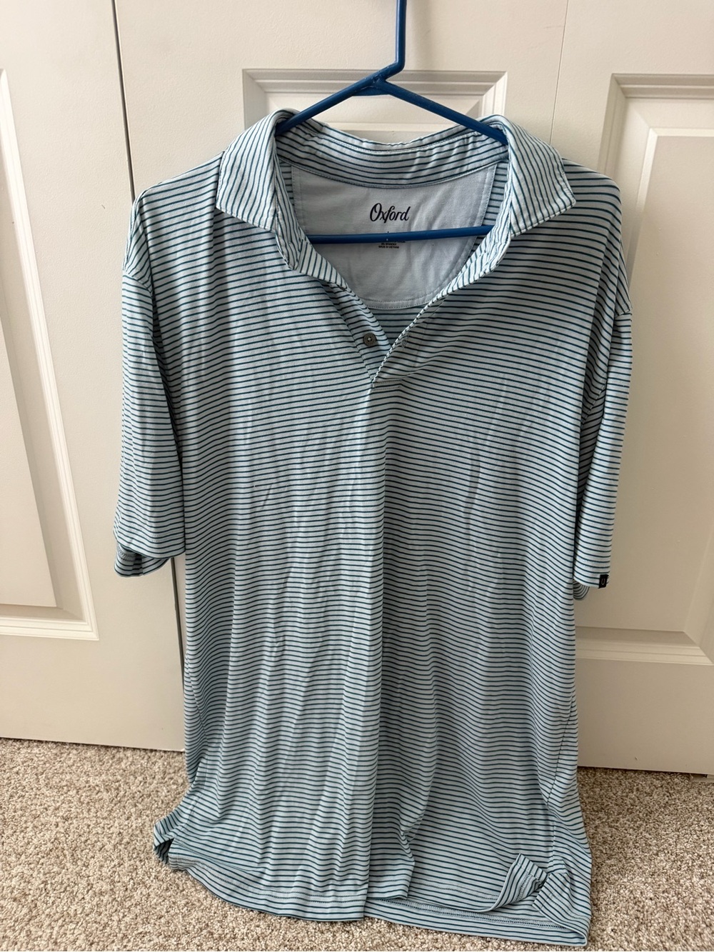 Oxford Men's Blue/White Striped Polo Shirt L Short Sleeve Collared Button